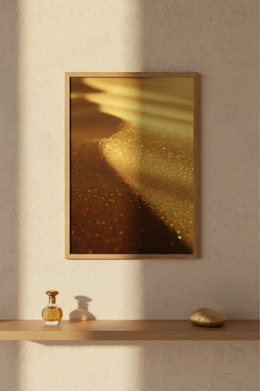 La Poudre d’Or — Affiche murale minimaliste sable doré scintillant bokeh dune lumière minéral — affiche murale minimaliste | Cassili-home