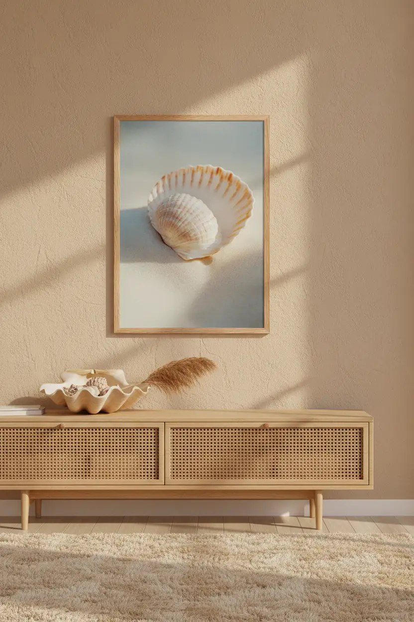 Le Secret de Nacre — Affiche murale minimaliste coquille Saint-Jacques ivoire pêche petite coquille sable blanc nature mer — affiche murale minimaliste | Cassili-home