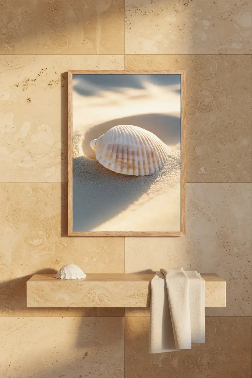 L’Oubliée — Affiche murale minimaliste coquille ivoire sable doré lumière rasante nature mer — affiche murale minimaliste | Cassili-home