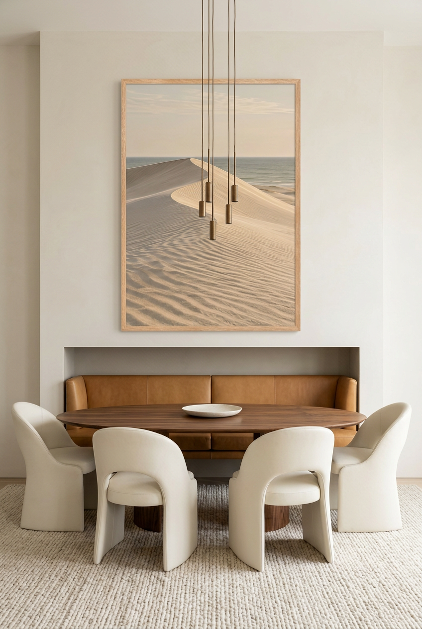 The Sand Crest — poster in an oak frame in a dining room
