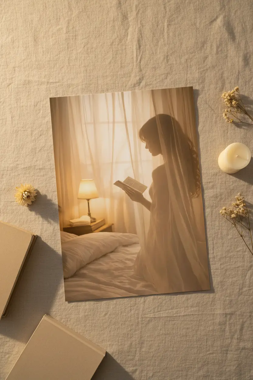 La Lectrice — Affiche murale minimaliste silhouette féminine lecture lumière dorée, affiche murale minimaliste avec cadre bois, décoration murale salon ou chambre, style méditerranéen
