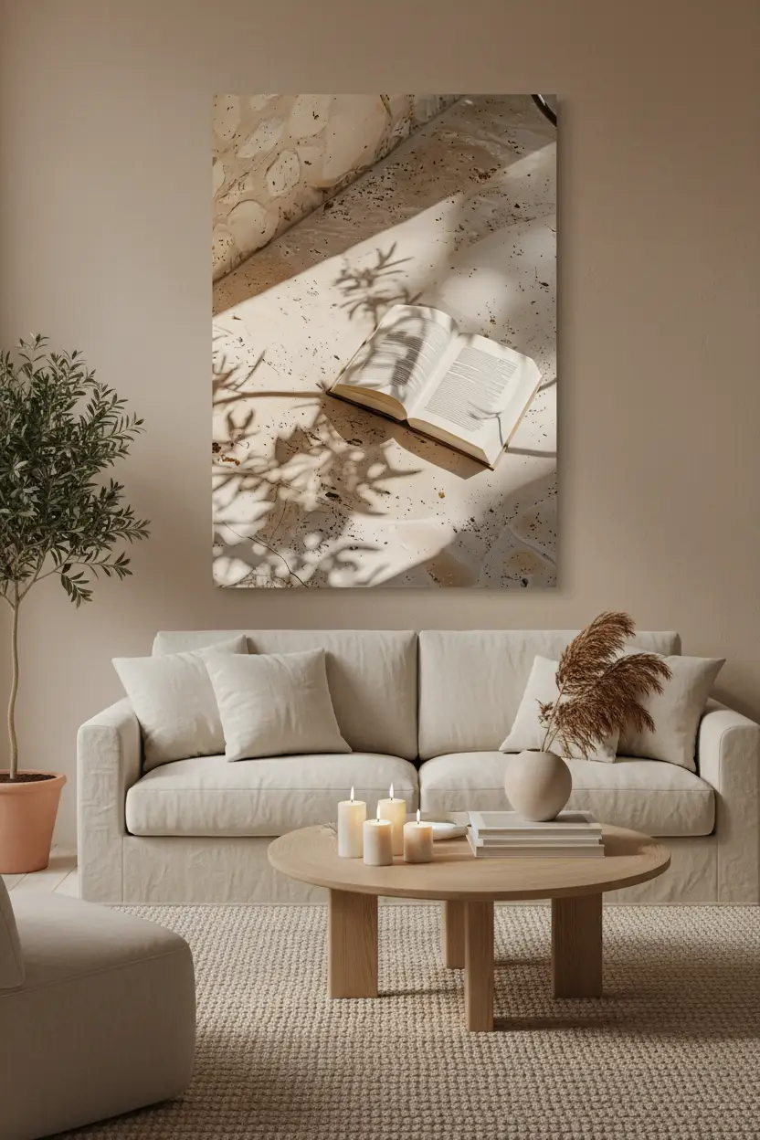 L'Ombre du Livre — Affiche murale minimaliste beige travertin, affiche murale minimaliste avec cadre bois, décoration murale salon ou chambre, style méditerranéen