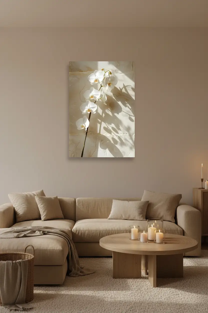 L'Orchidée de Pierre — Affiche murale minimaliste florale ivoire, affiche murale minimaliste avec cadre bois, décoration murale salon ou chambre, style méditerranéen