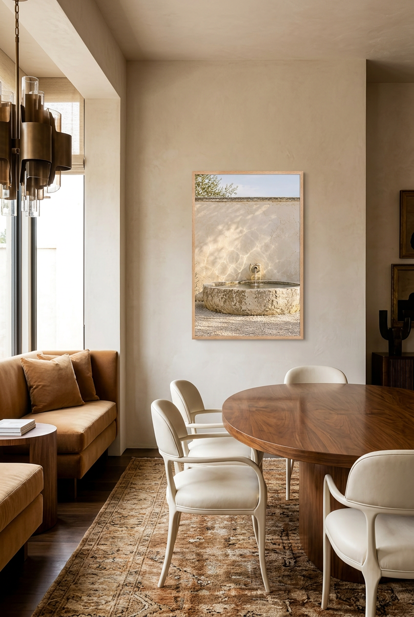 The Stone Spring — poster in an oak frame in a dining room