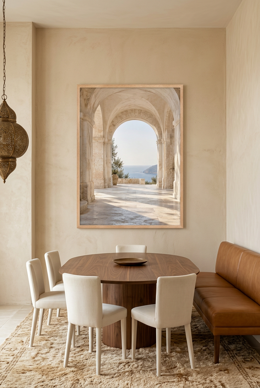 The Open Vault — poster in an oak frame in a dining room