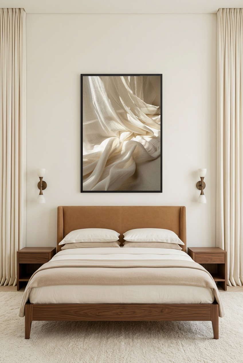 Le Lin Drapé — poster com moldura preta num quarto