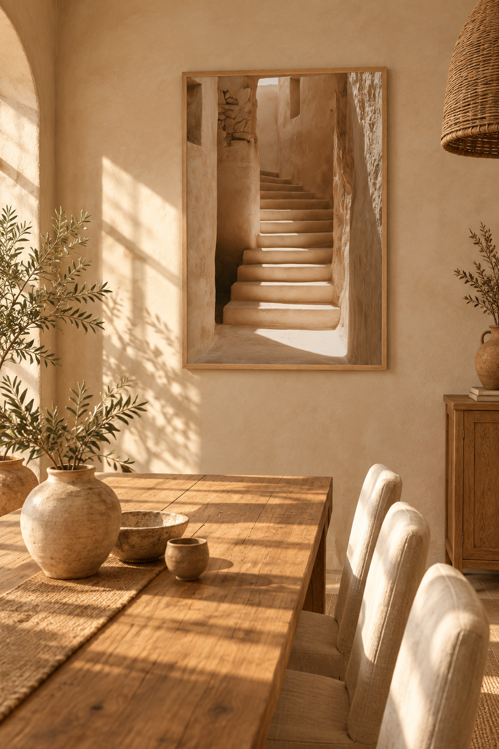 Poster The Chalk Steps — stone staircase in a whitewashed alley, in a dining room, above a wooden table