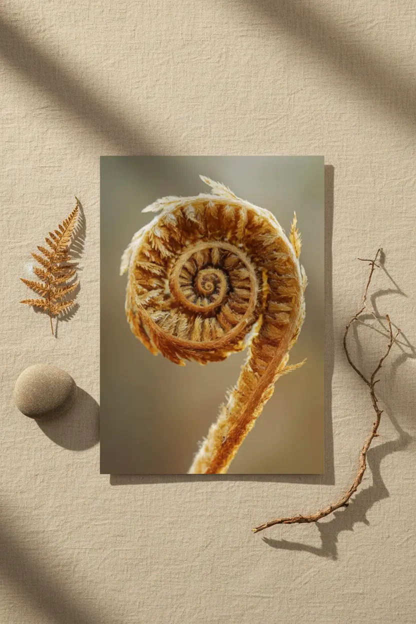 O Cajado de Ouro — Poster de parede minimalista ouro castanho samambaia espiral