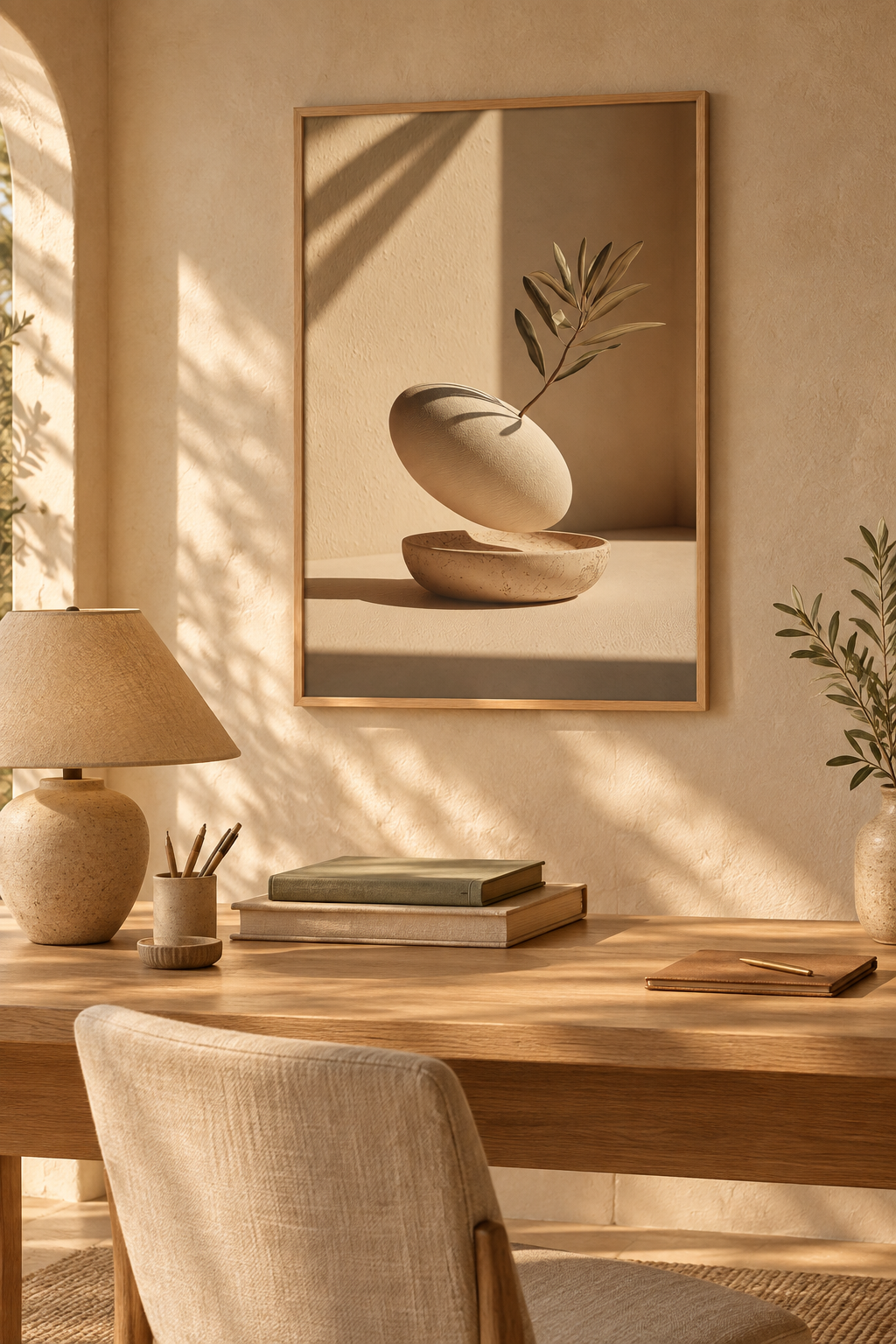 Poster The Hollow and the Branch — hollowed pebble holding a sprig, above a wooden desk with a ceramic lamp