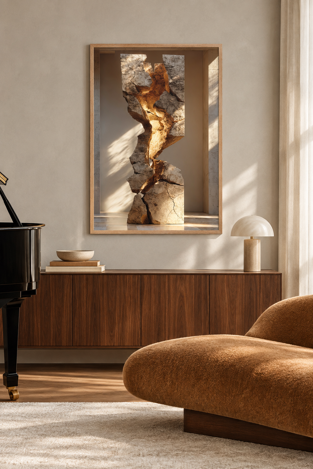 De Gescheurde Zuil in een woonkamer met piano