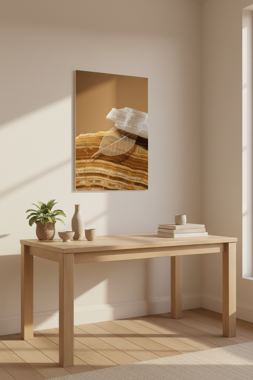 Sélénite & Feuille — Affiche murale minimaliste blanc et miel caramel texture minérale — affiche murale minimaliste | Cassili-home
