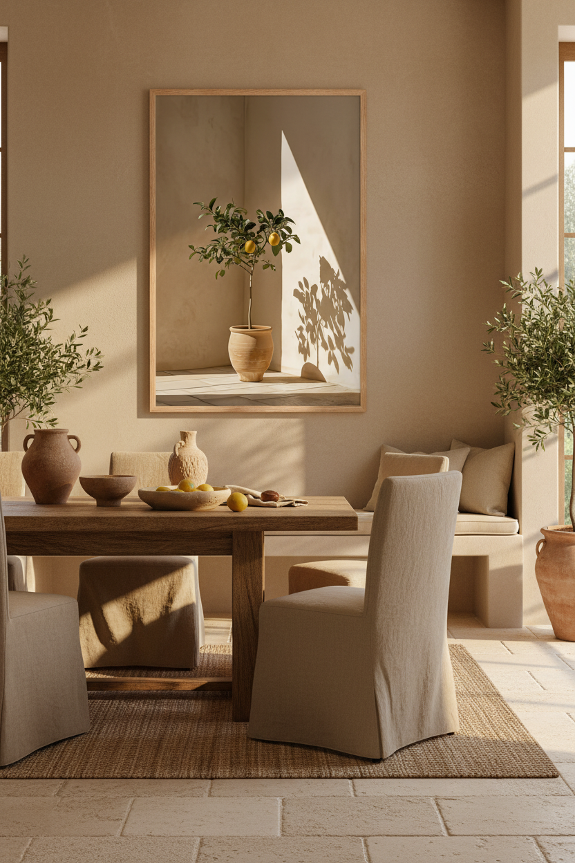 Affiche Le Citronnier de Terre Cuite encadrée chêne au-dessus d'un bureau en bois clair — citronnier en jarre de terre cuite dans l'angle d'un mur ocre