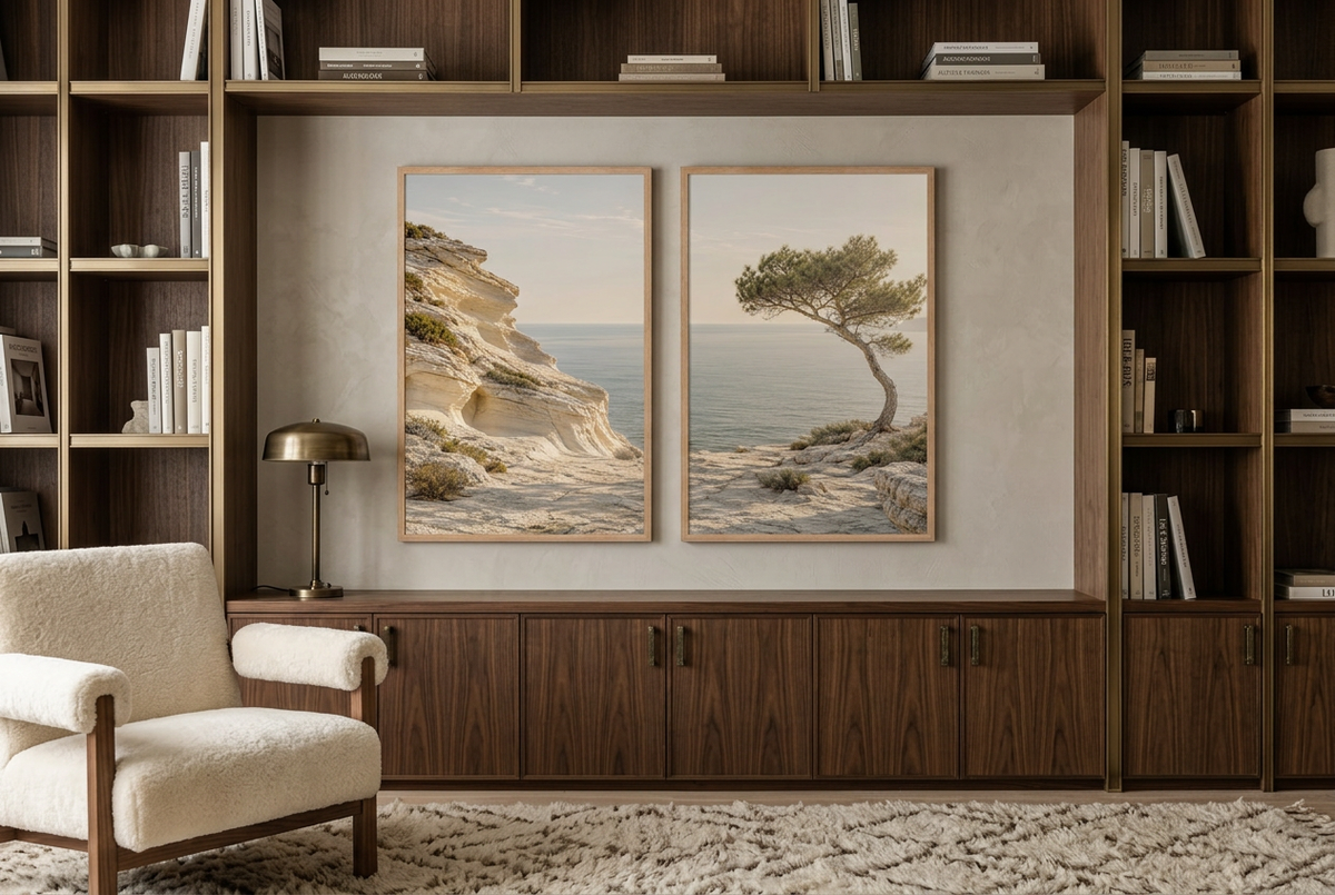 The Limestone Coast — wall diptych in oak frames above a sideboard