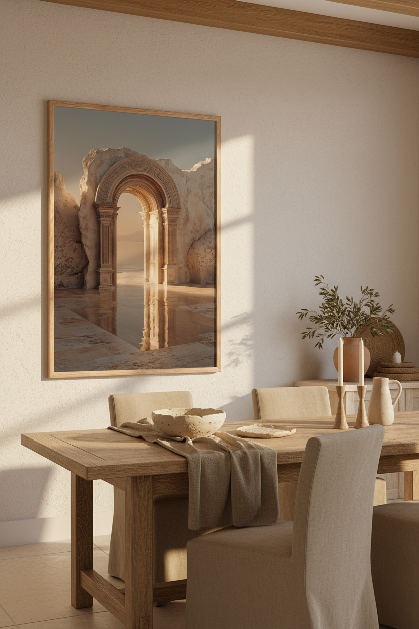 Affiche encadrée chêne dans une salle à manger méditerranéenne en bois clair — L'Arche des Eaux, Cassili-home