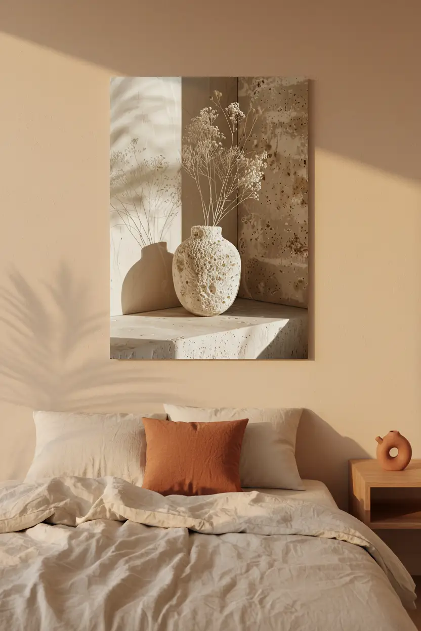 Le Vase Corallien — Affiche murale minimaliste ivoire céramique corallienne gypsophile travertin, affiche murale minimaliste avec cadre bois, décoration murale salon ou chambre, style méditerranéen