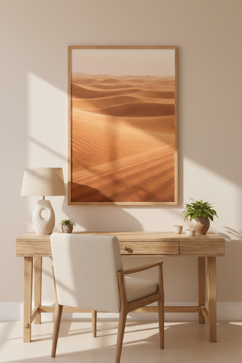 L'Horizon des Dunes — art mural désert, horizon de sable sous une lumière douce
