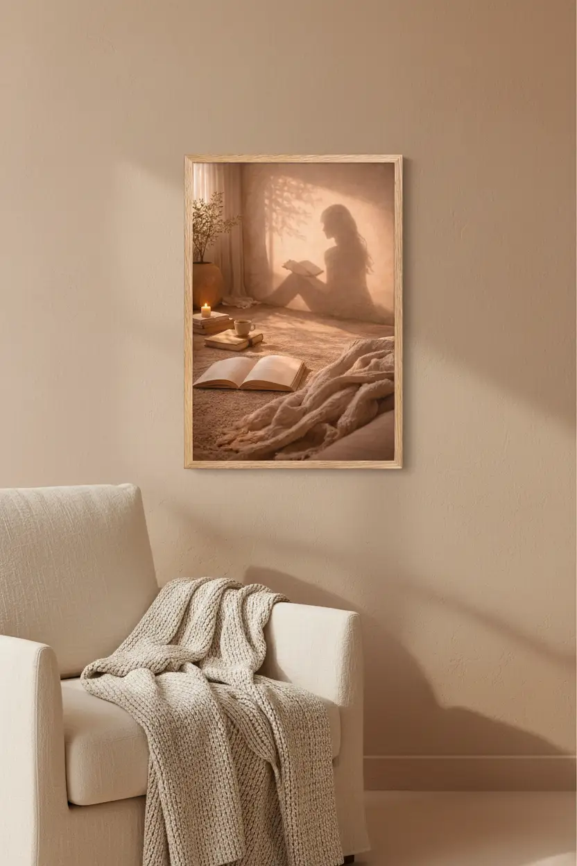 La Liseuse — Affiche murale minimaliste silhouette féminine lumière dorée, affiche murale minimaliste avec cadre bois, décoration murale salon ou chambre, style méditerranéen