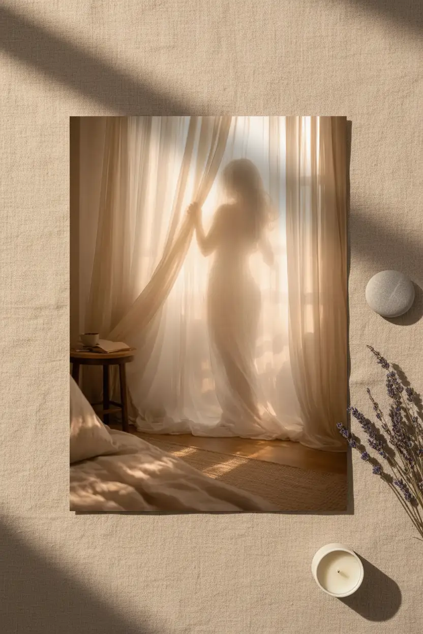 Le Voile du Matin — Póster mural minimalista dorado silueta mujer