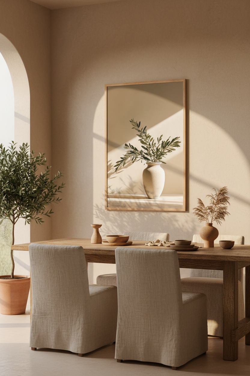 Affiche La Lame de Lumière encadrée chêne au-dessus d'un bureau en bois clair — vase ivoire et branches d'olivier sous une diagonale de soleil