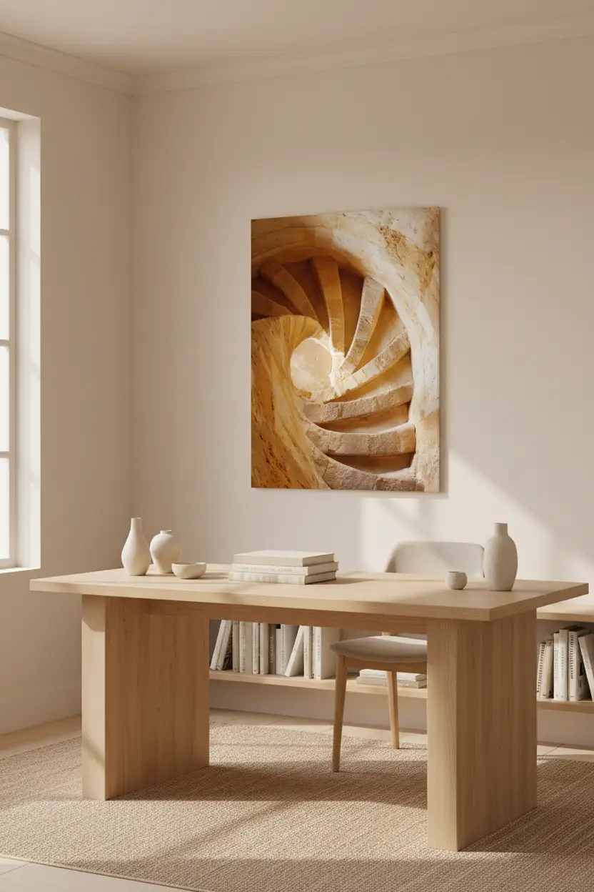 Spirale de Pierre — Affiche murale minimaliste beige et doré architecture méditerranéenne — affiche murale minimaliste | Cassili-home