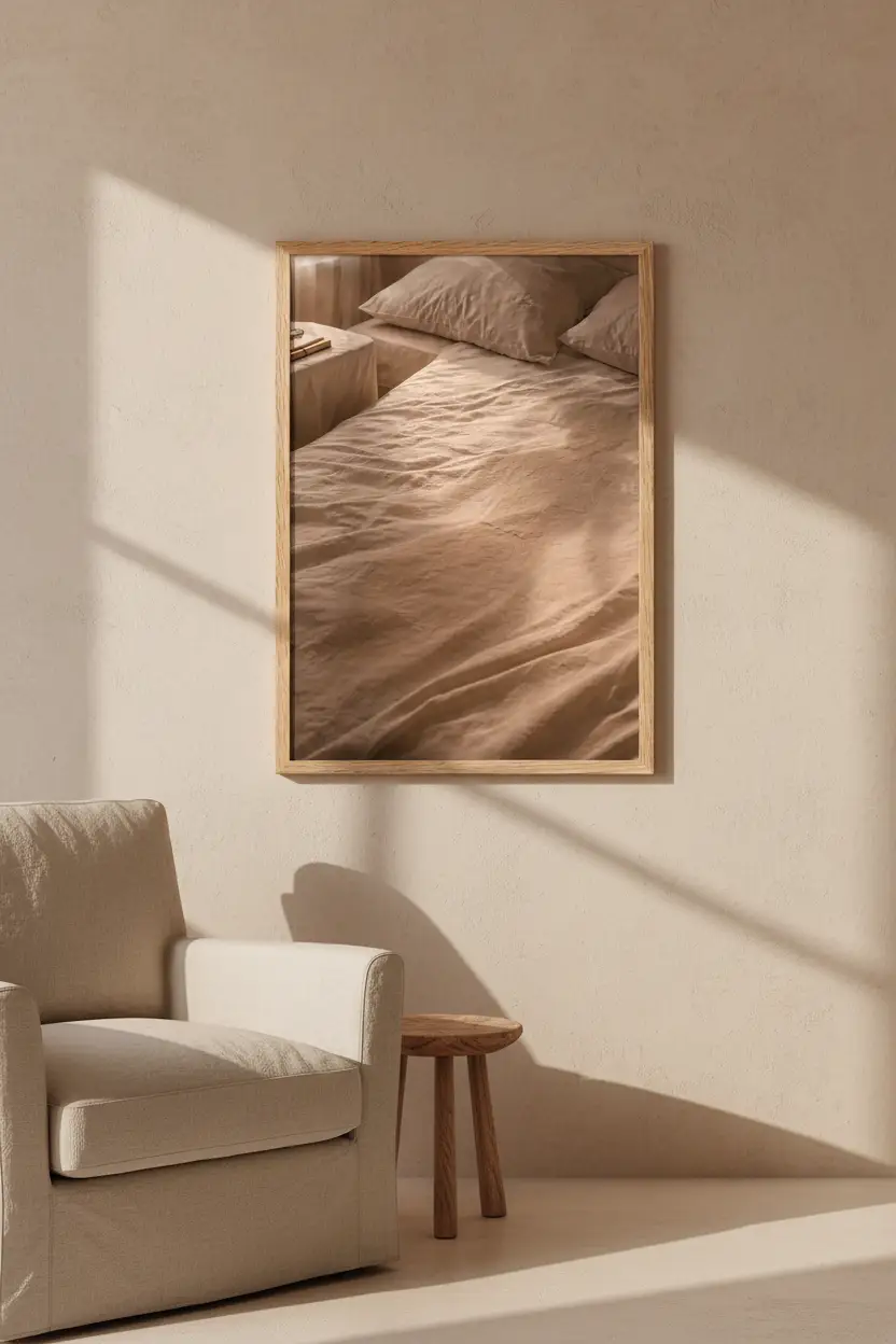 Le Lin du Matin — Affiche murale minimaliste linge beige lumière dorée, affiche murale minimaliste avec cadre bois, décoration murale salon ou chambre, style méditerranéen