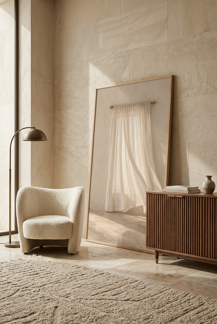 The Curtain in the Breeze — poster in an oak frame leaning against the wall