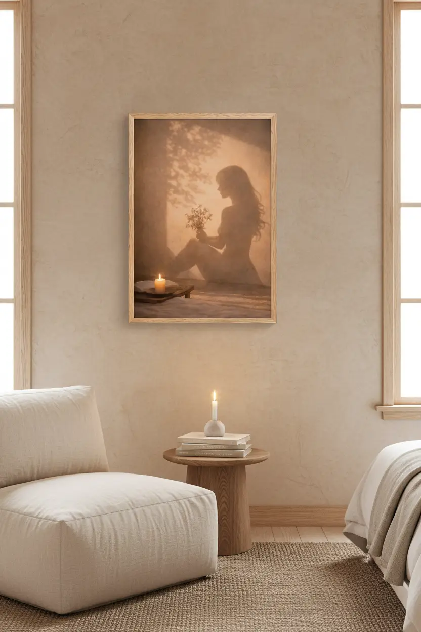 L’Offrande — Affiche murale minimaliste silhouette féminine lumière dorée, affiche murale minimaliste avec cadre bois, décoration murale salon ou chambre, style méditerranéen