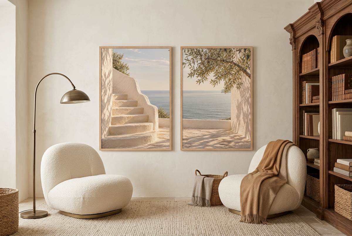 La Terrazza sul Mare — dittico con cornici in rovere in un soggiorno
