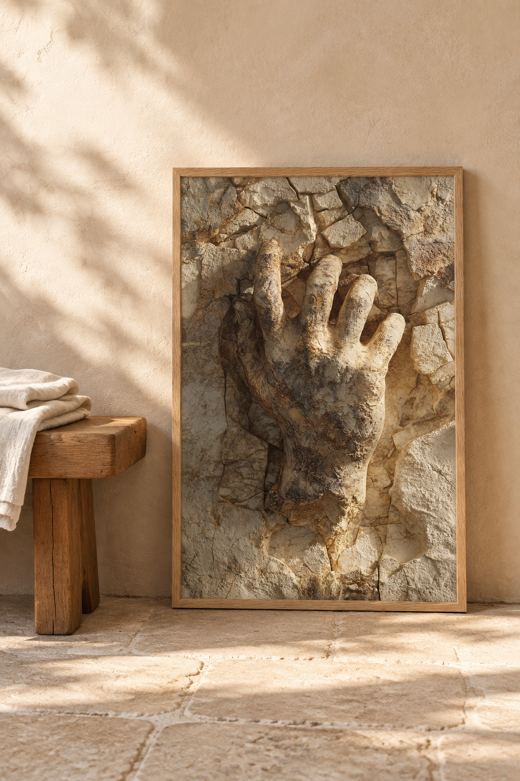 Poster De Hand in de Rots op de vloer, tegen een muur geleund