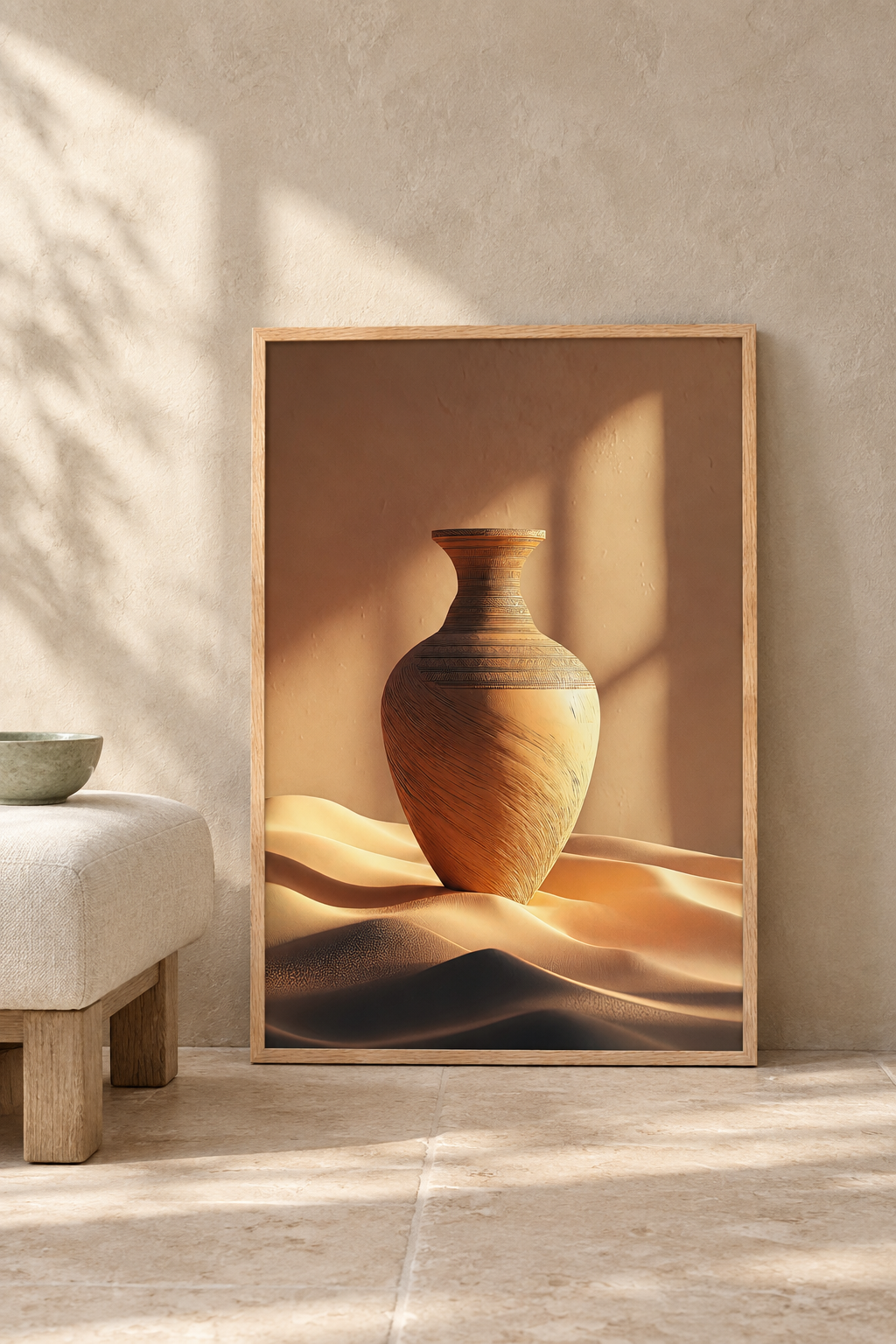 Poster The Amphora on the Dunes with an oak frame resting on the floor against a wall