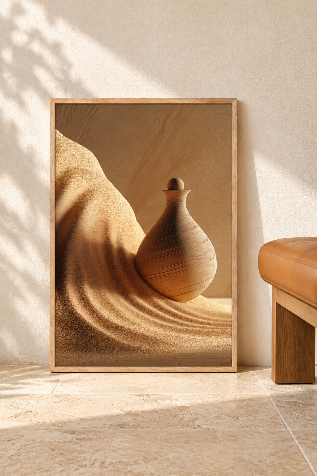 Poster The Flask in the Dunes resting on the floor against a wall