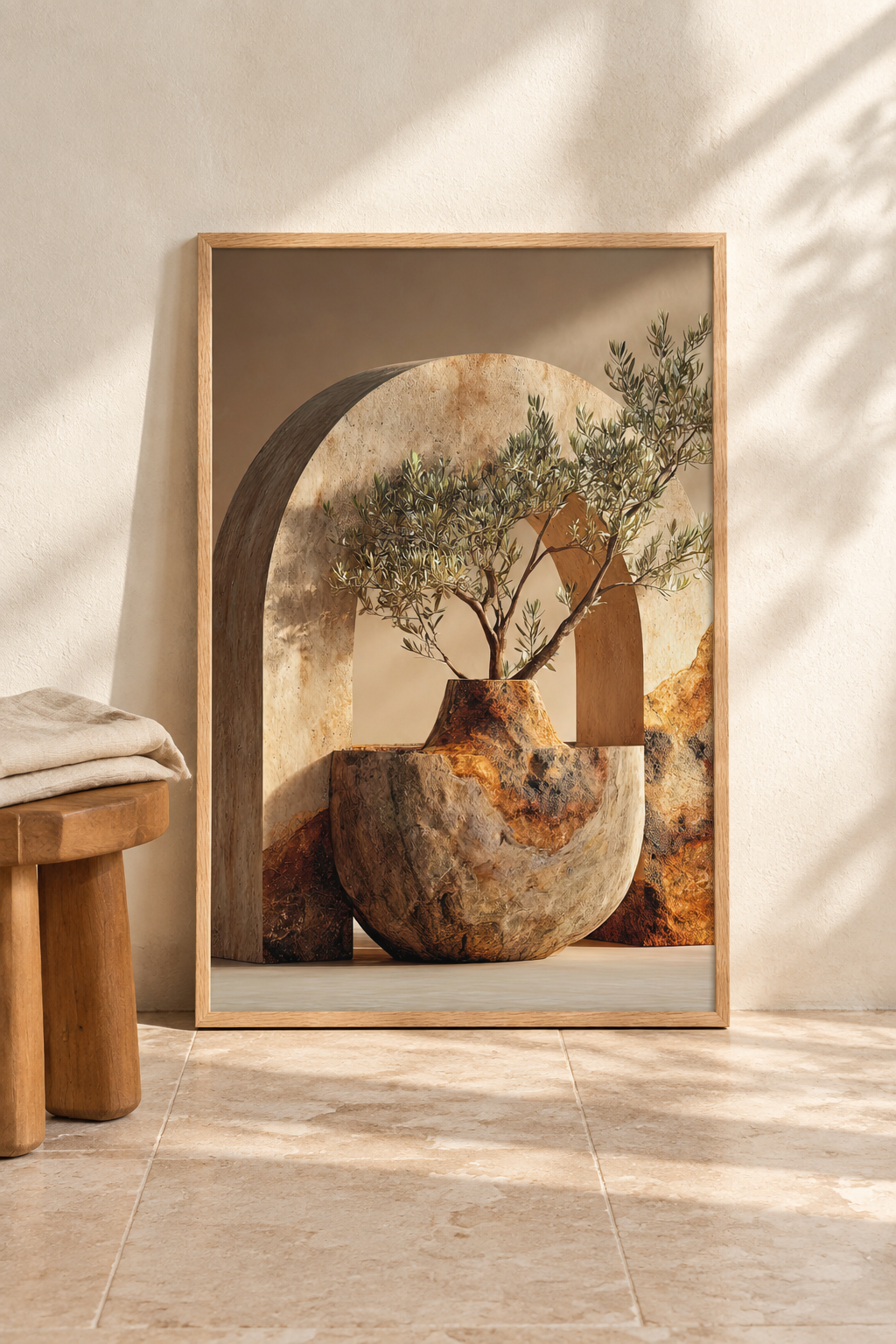 Poster The Olive Tree in the Bowl resting on the floor against a wall