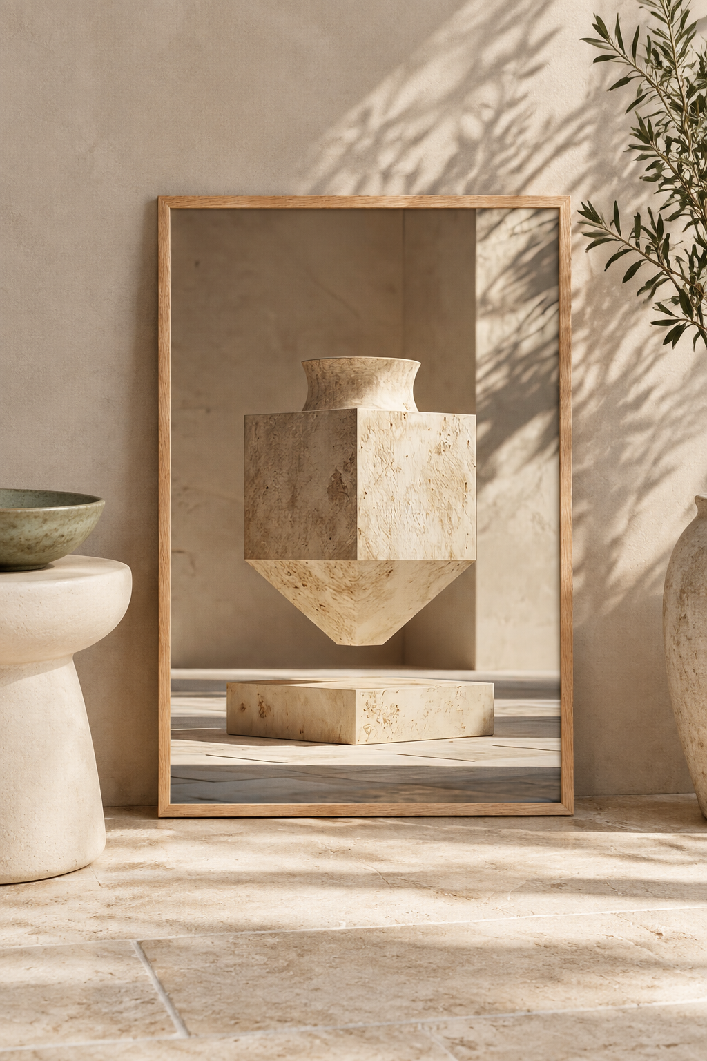 Poster De Geometrische Urn op de vloer, tegen een muur geleund