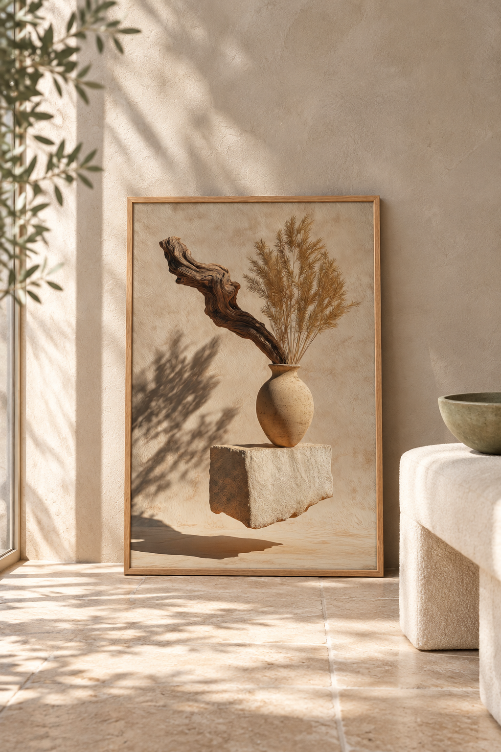 Poster Das Treibholz und die Ähre auf dem Boden, an eine Wand gelehnt