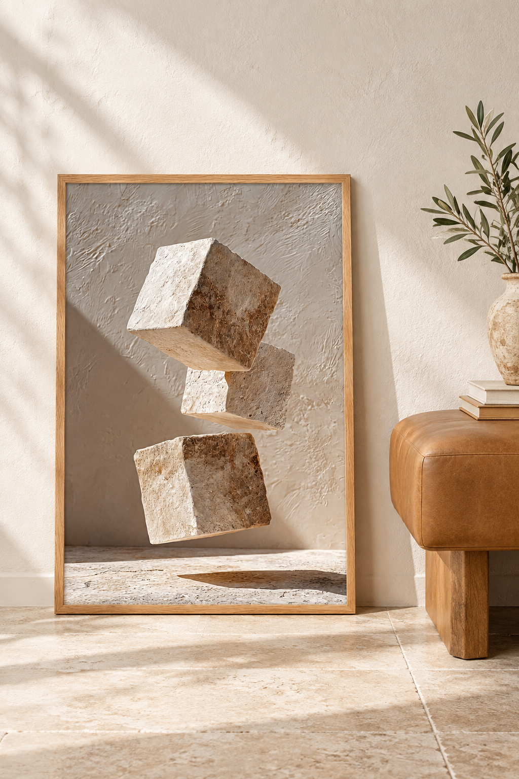 Poster The Three Cubes resting on the floor against a wall