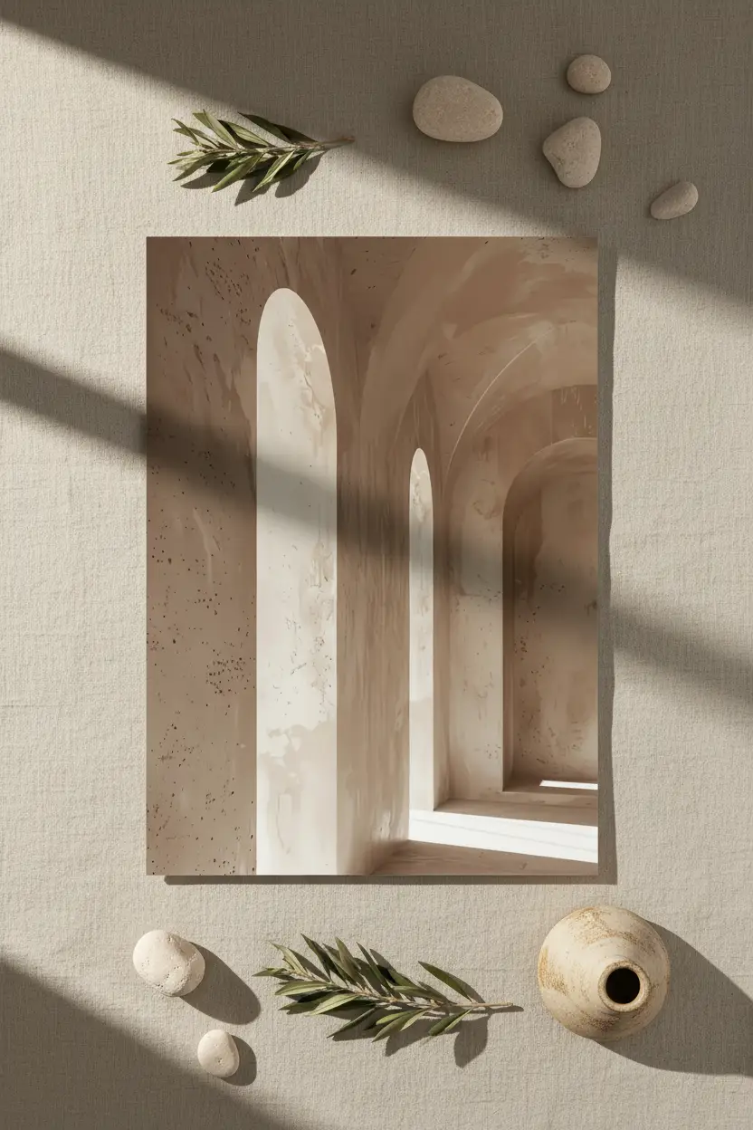 L'Allée des Voûtes — Affiche murale minimaliste beige architecture, affiche murale minimaliste avec cadre bois, décoration murale salon ou chambre, style méditerranéen