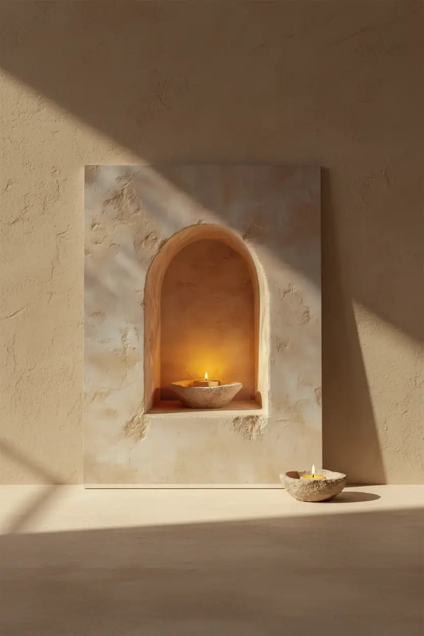 La Fiamma della Soglia — Poster murale minimalista sabbia nicchia arco