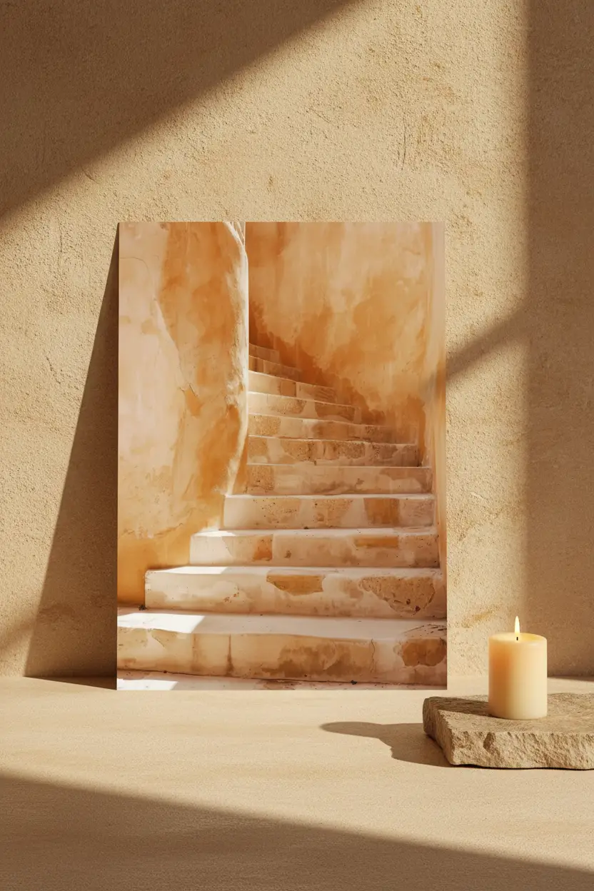 La Montée Dorée — Affiche murale minimaliste ocre doré escalier pierre méditerranéen — affiche murale minimaliste | Cassili-home