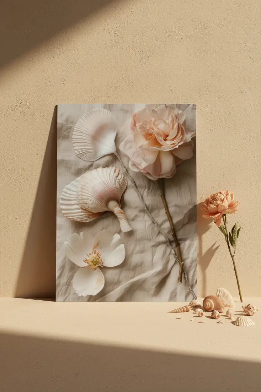 La Récolte — Affiche murale minimaliste coquillages rose pêche fleur blanche lin beige nature mer — affiche murale minimaliste | Cassili-home