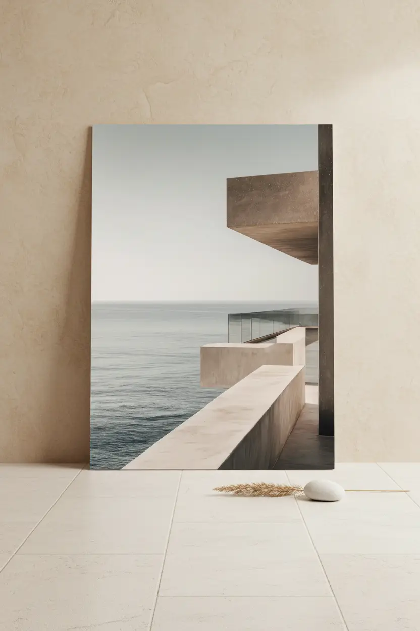 O Miradouro — Poster de parede minimalista azul-cinzento mar-horizonte