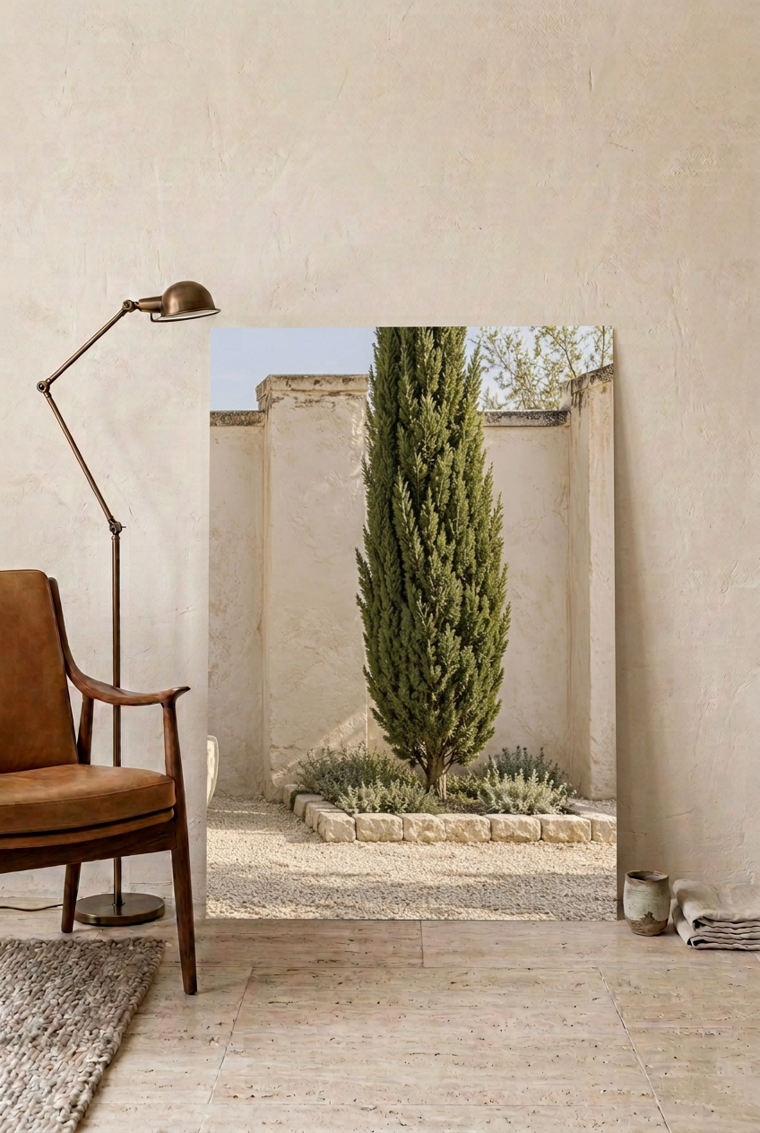 The Lone Cypress — poster leaning on the floor against a pale wall