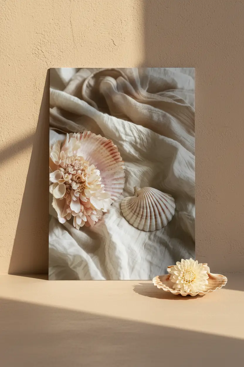 Le Nid de Nacre — Affiche murale minimaliste coquille rose pêche dahlia ivoire lin beige sable nature mer — affiche murale minimaliste | Cassili-home