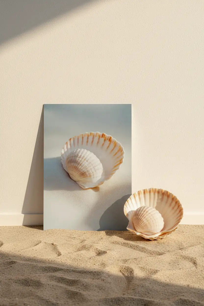 Le Secret de Nacre — Affiche murale minimaliste coquille Saint-Jacques ivoire pêche petite coquille sable blanc nature mer — affiche murale minimaliste | Cassili-home