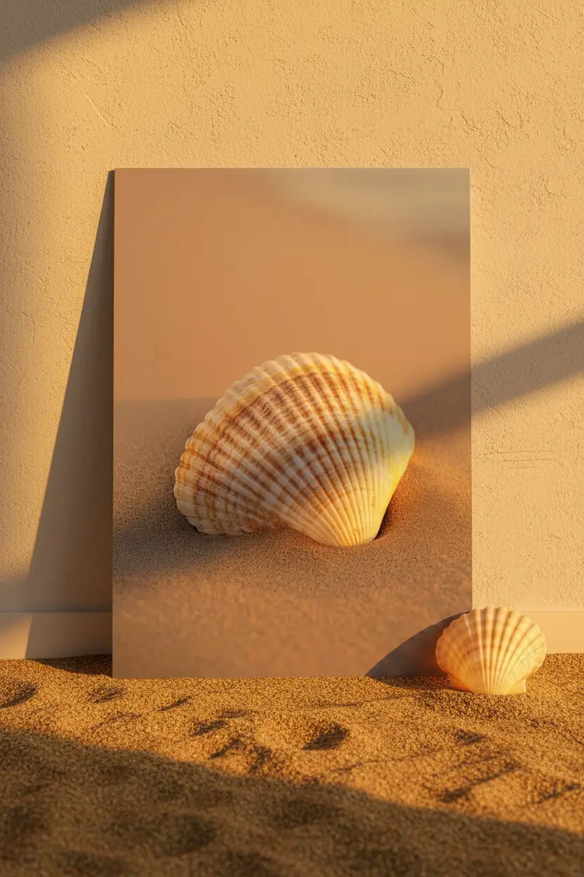 L’Heure Dorée — Affiche murale minimaliste coquille Saint-Jacques ivoire ambre sable doré lumière couchant nature mer — affiche murale minimaliste | Cassili-home