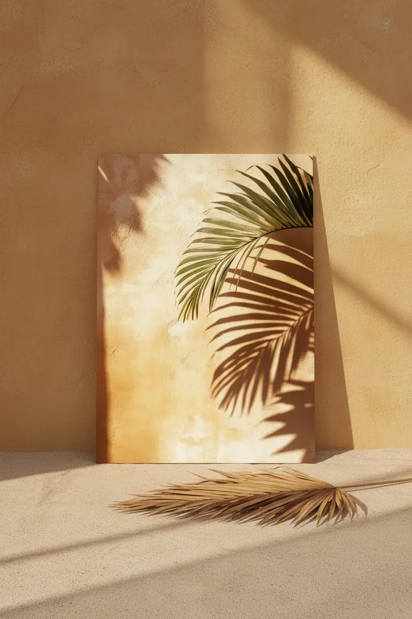 L’Ombre du Palmier — Affiche murale minimaliste ocre doré vert olive palmier ombre méditerranéen — affiche murale minimaliste | Cassili-home