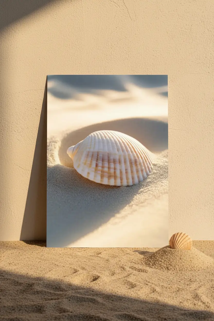 Den Glömda — Minimalistisk väggaffisch i elfenbensskal på gyllene sand