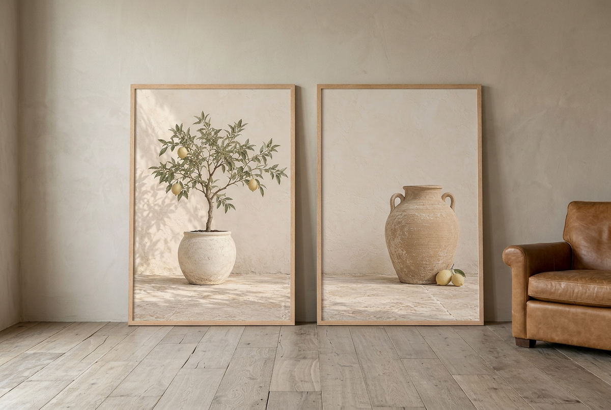The Patio Lemons — wall diptych in oak frames leaning against the wall