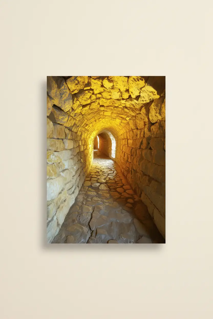 Le Passage Doré — Minimalistische gouden oker gewelfde gang wandposter