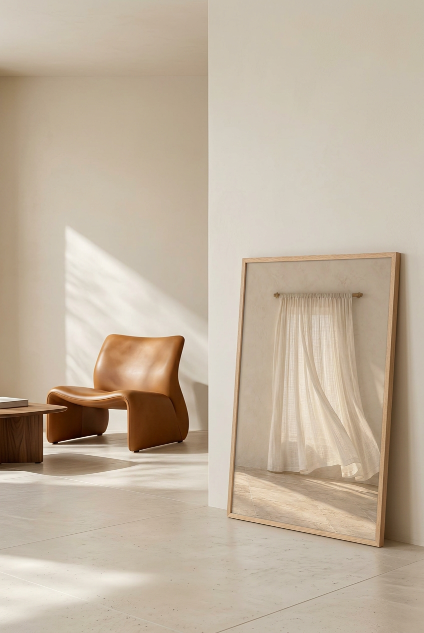 The Curtain in the Breeze — poster in an oak frame leaning against the wall