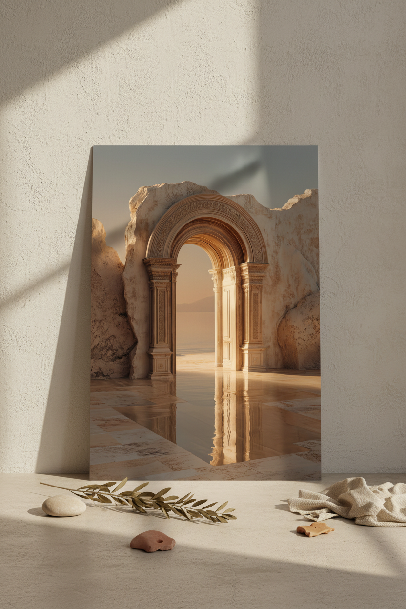 Affiche posée au sol contre un mur clair, olives et coquillages, lumière rasante — L'Arche des Eaux, Cassili-home